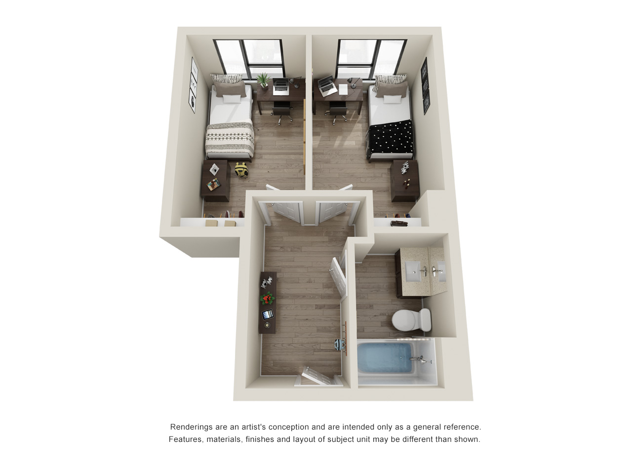 Two Bedroom Private 3D Floor plan rendering